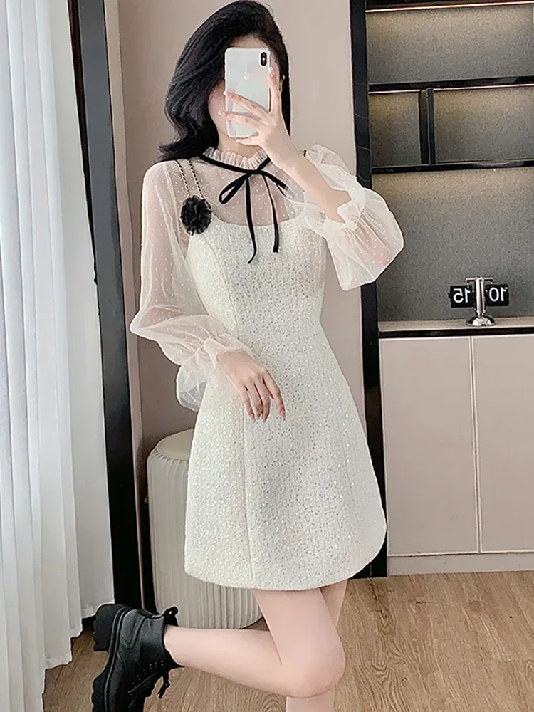 Women Pink Sequins Patchwork Mesh Sheer Dress Sets Autumn Winter Elegant Bow Ruffled Collar Dress 2024 Korean Luxury Party Dress