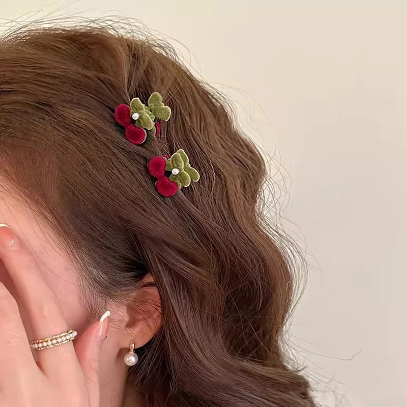 2pcs/set Flocking Flowers Side Hair Clips Hair Accessories For Women Cherry Hairpin Mini Cute Girls Headwear