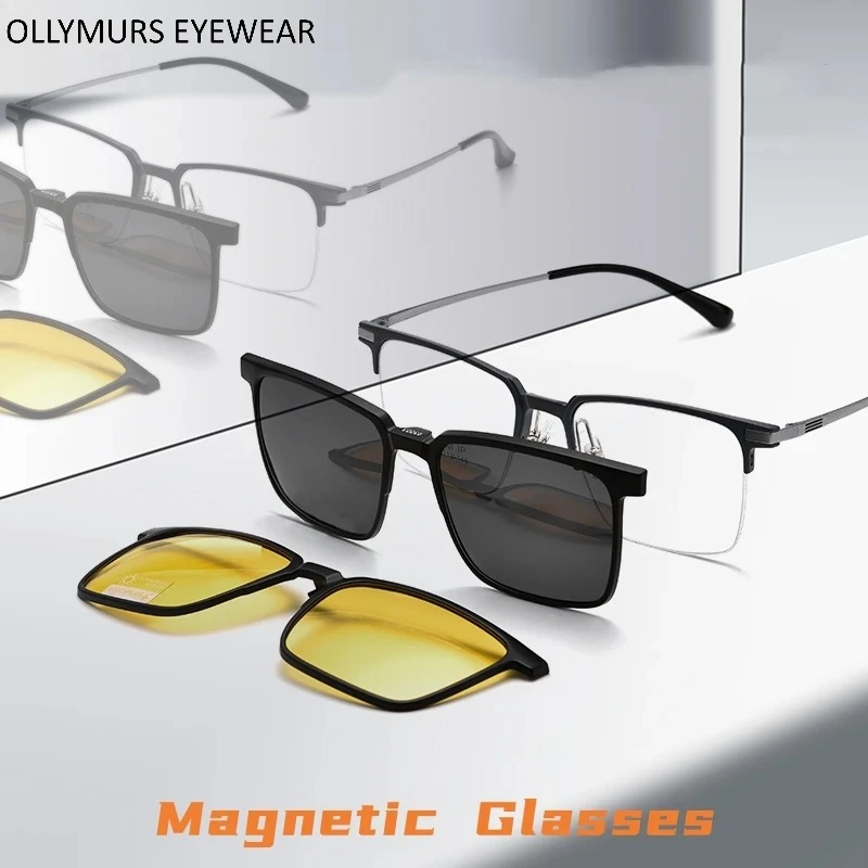 

OLLYMURS New Fashion Ultra-light Pure Titanium Magnetic Clip Glasses Business Optical Prescription Half-frame Men's Eyeglasses