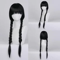 Simulation Bangs Wig Black Double Braids Oily Hair Style Twist Braid Wig High Temperature Silk Synthetic Fiber Head Role Play