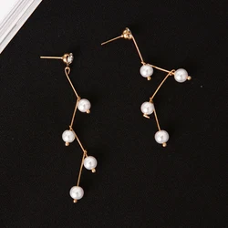Elegant Long Drop Earrings for Women Wedding Party Imitation Pearl Jewelry Golden Silver Color Simple Girls Gift Wholesale