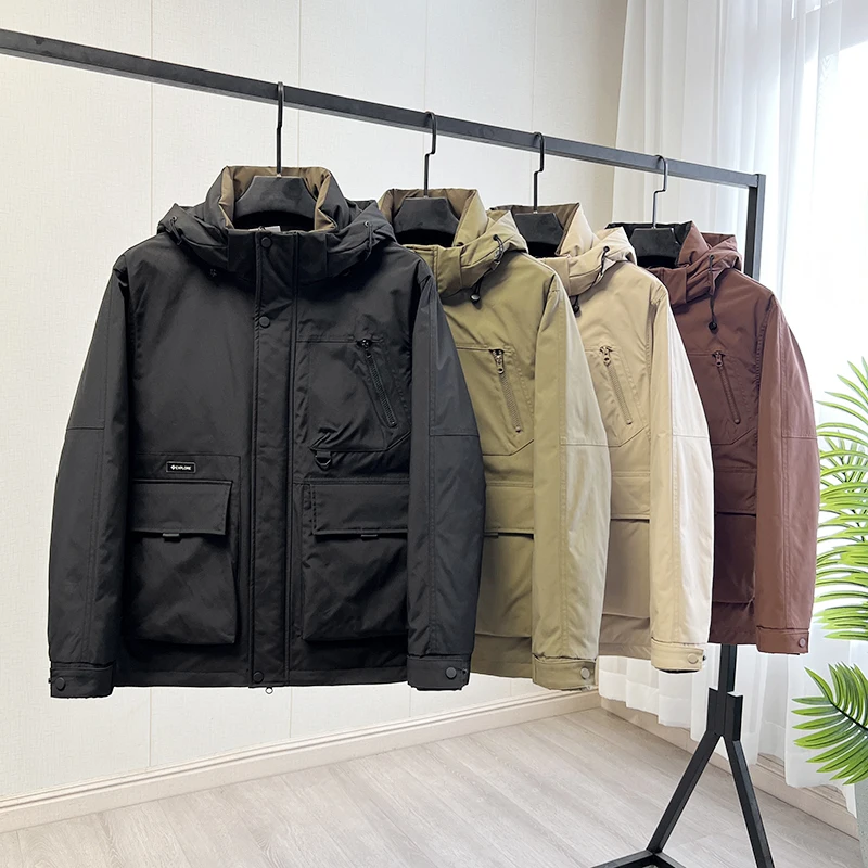 Thickened Duck down Hooded Outdoor Men's Jacket Autumn Winter Fashion Urban Style Windproof Warm Pure Color Zipper Closure