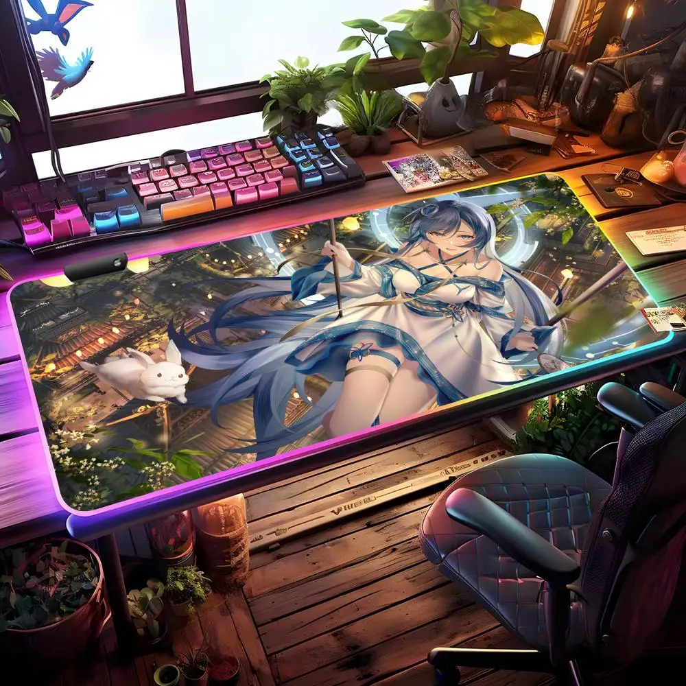 Kawaii Girl Mouse Pad RGB Gaming Mouse Pad Desk Mat HD Gamer Large LED Light XXL MousePads