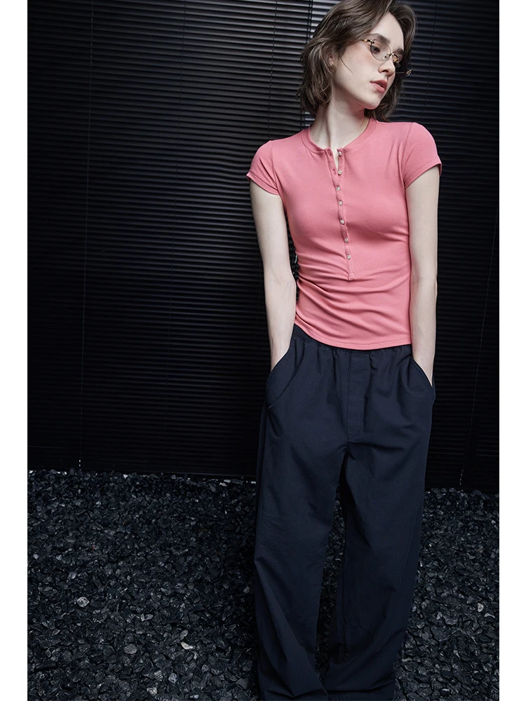 

Pink ort Sve Slim Fit T-irt Women's Faionable Versatile Summer New Arrival Design High End Feel Street Sle Pure Color
