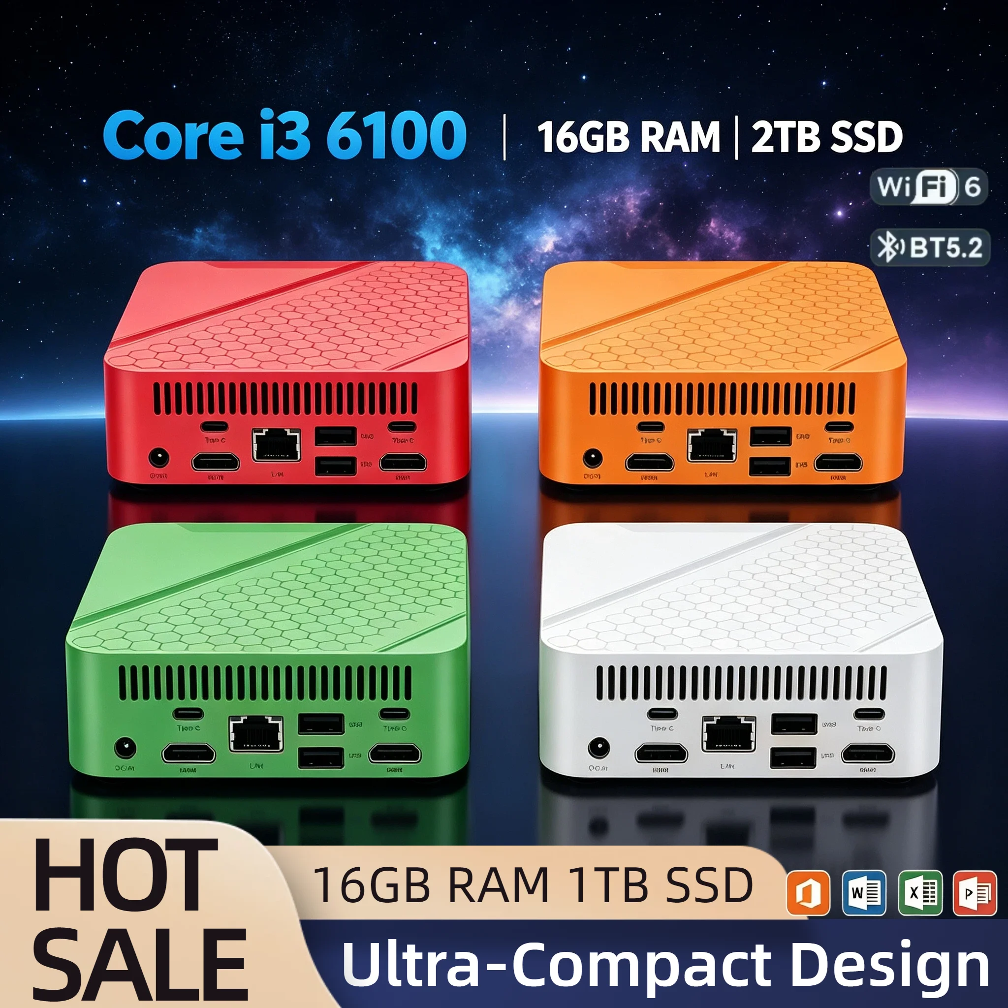 Intel Core i3 6100 Mini Desktop 16GB DDR4 2TB NVMe SSD Triple 4K Screen WiFi6 BT5.2 High Performance Office Home Pro Student PC