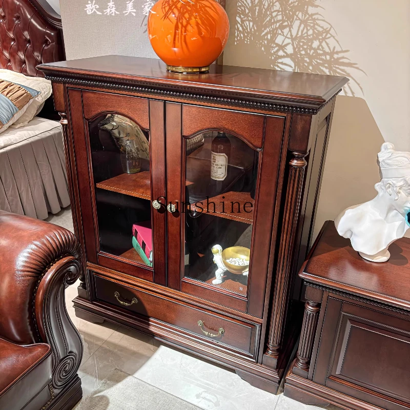 

American all solid wood retro light luxury tall and short combination side cabinet living room storage