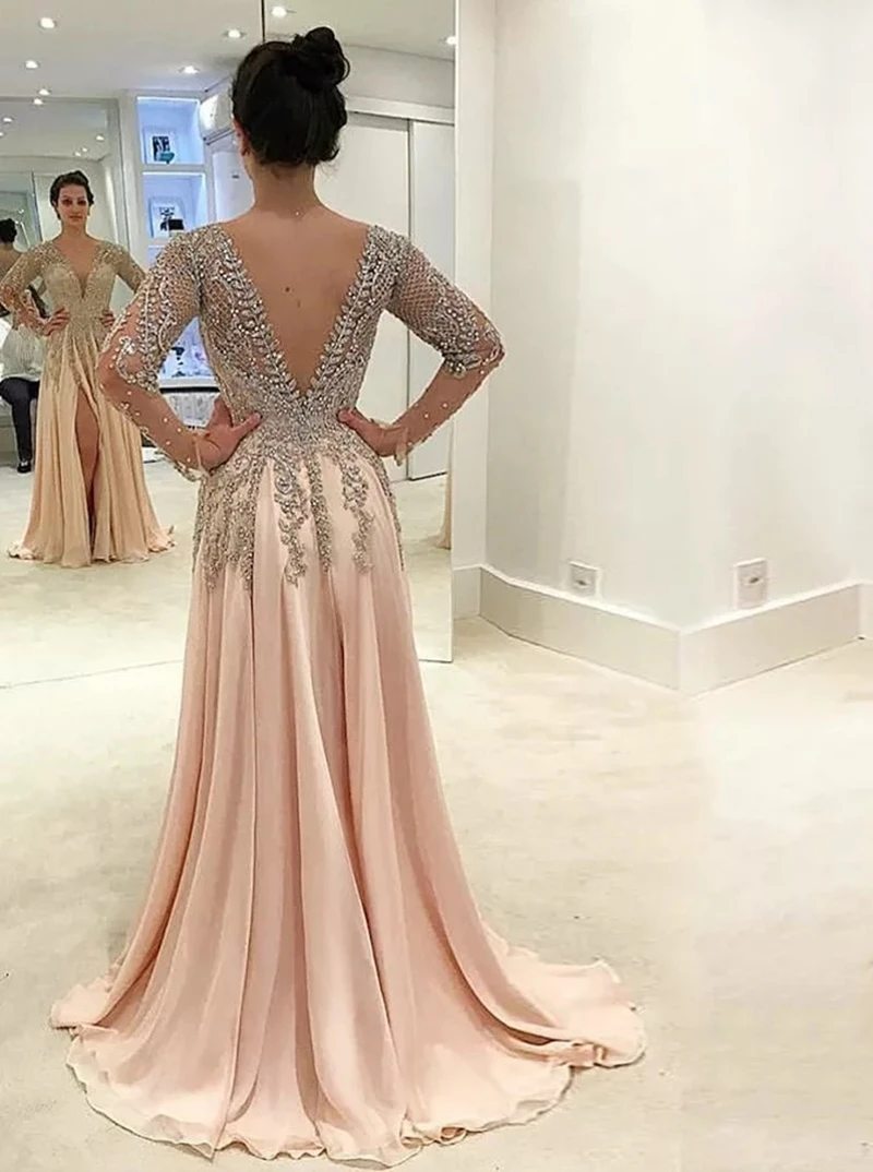 Lucxury Beading Long Sleeve Evening Dresses 2023 A-Line Side Slit V-Neck Chiffon Luxury Party Prom Gown Backless Floor Length