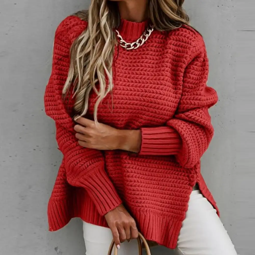 Women Sweaters Knitted Loose Solid Pullovers Regular Full Sleeve Thick Splice Jumpers Round Neck Casual Top 2024 Autumn Winter