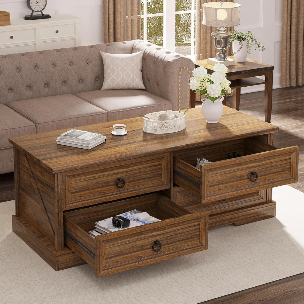 

Coffee Table with Storage Drawers Farmhouse Style Living Room Tables Rustic Wooden Center Table for Reading Room Playing Room