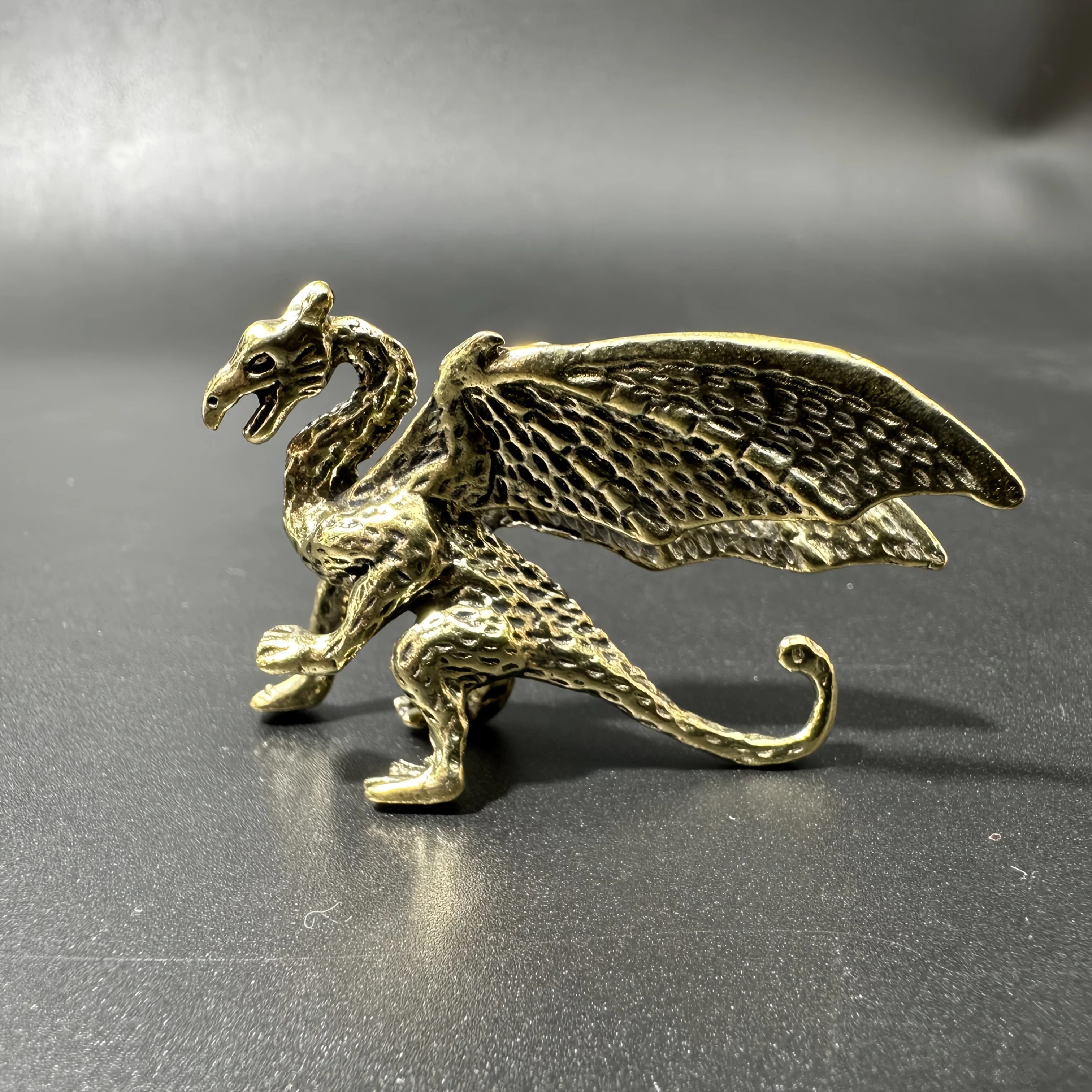 2 Classic Brass Mythical Flying Dragon Statues, Rustic Design for Collectors and Enthusiasts view 3