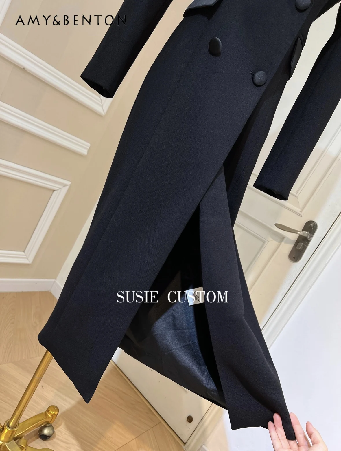 High-End Satin Lapel Double Breasted Slim Mid-Length Suit Jackets for Women Fashionable Split Mid-calf Jacket Professional Suit