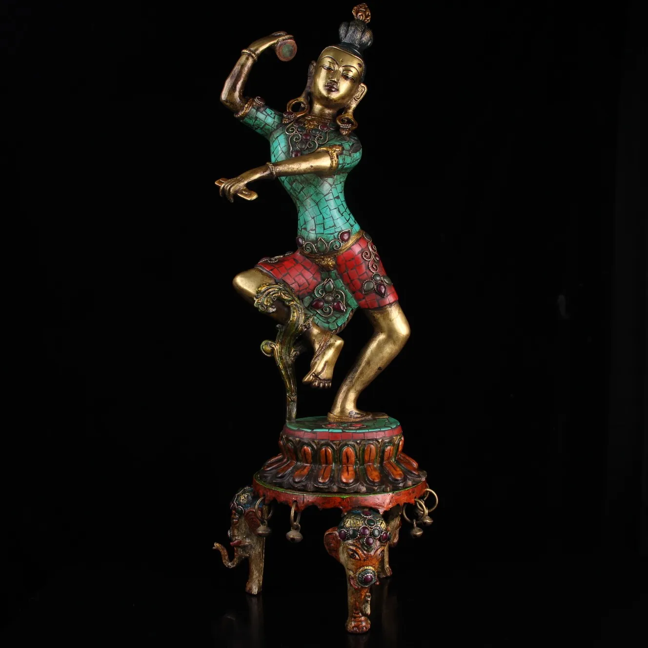 

21"Tibetan Temple Collection Old Bronze Outline in gold Mosaic Gem Turquoise Dance Goddess Green Tara Station Buddha Platform