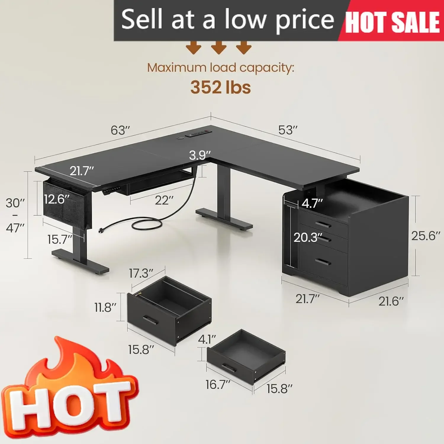 L Shaped Electric Standing Desk with File Cabinet, 63 x 53'' Height Adjustable Home Office Computer Desk with Drawers, Power Out