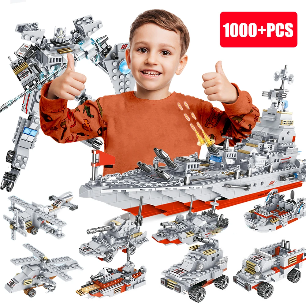 1000+PCS Military Series Warship Fighter Robot Building Blocks Boat Airplane Car Set Toys For Children Gifts