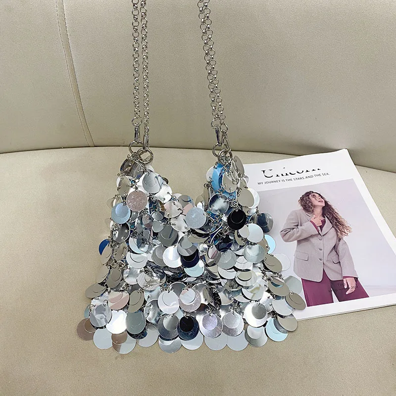 

Женские сумки, дизайнерская металлическая цепочка с блестками, тканая сумка, полые вечерние сумки, клатч, дорожная праздничная сумка из ПВХ, сумка на плечо