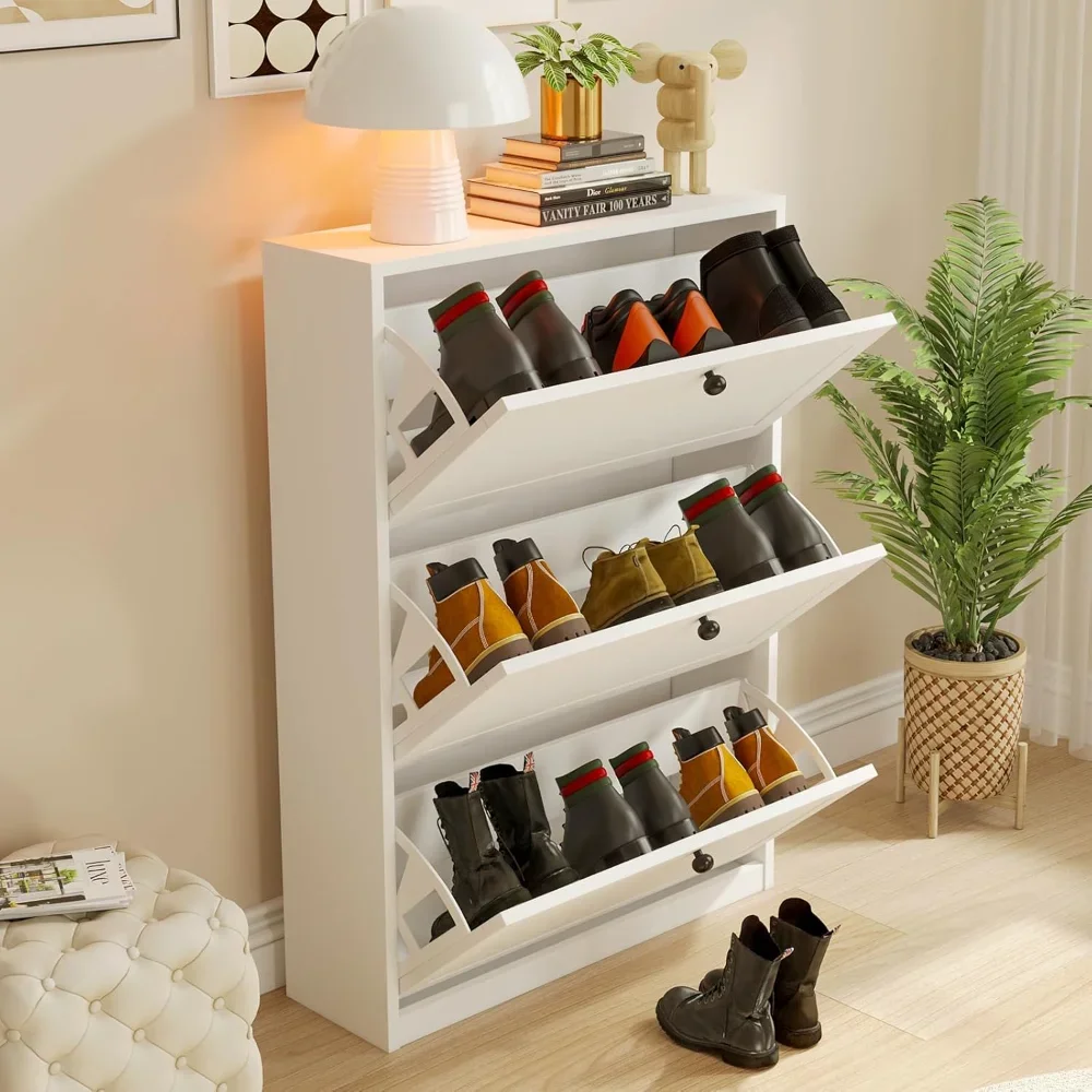 Freistehender Schuhschrank mit 3 Klappschubladen, verstellbarem Regal, kippsicherem Gerät, für Eingangsbereich, Flur, Wohnzimmer