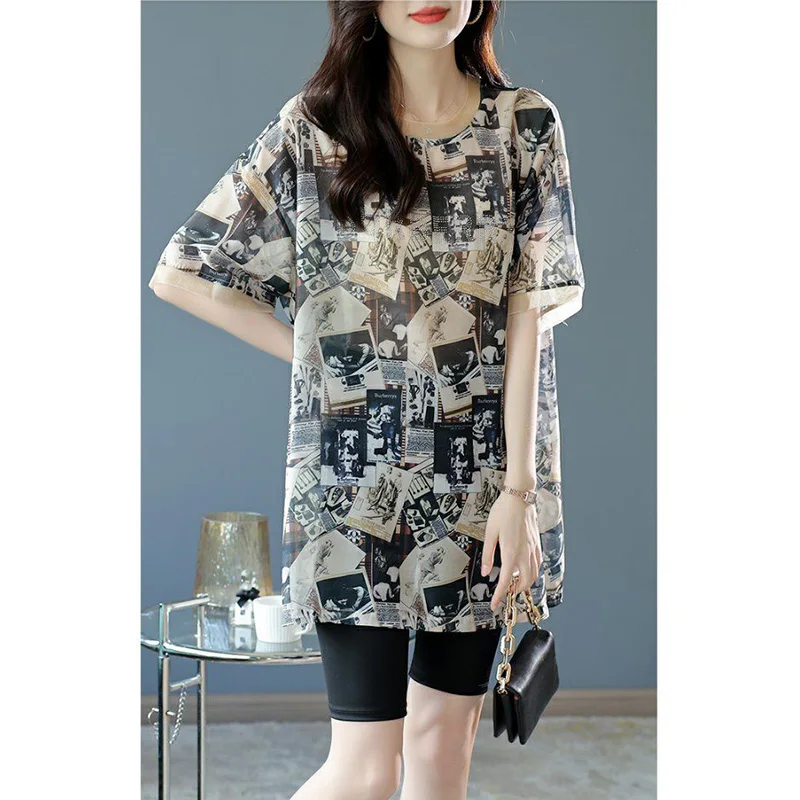 Vintage Printed O-Neck Spliced Loose Diamonds Blouse Women\'s Clothing 2023 Summer New Oversized Casual Pullovers Commute Shirt