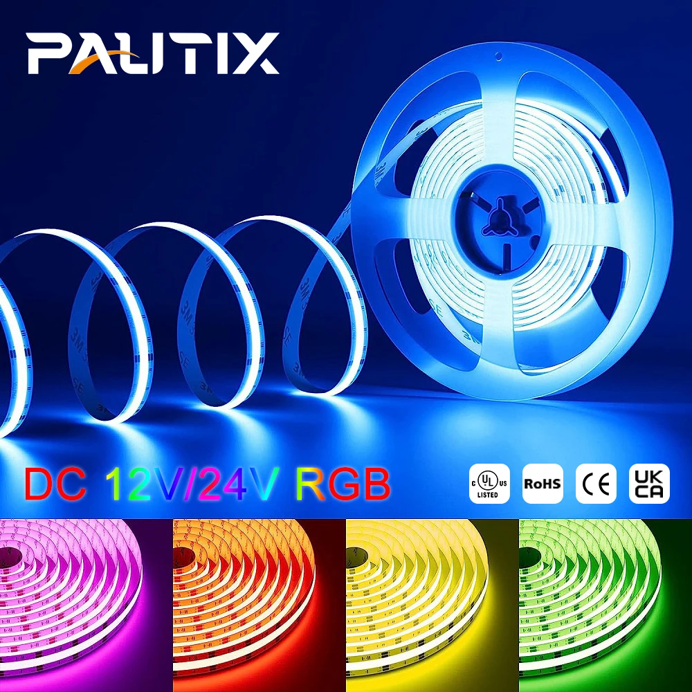 PAUTIX DC 12V/24V COB RGB LED Strip Light 576 840LEDs/m High Density RA90 Flexible Linear Tape LED Strip Dimmable Room Decor