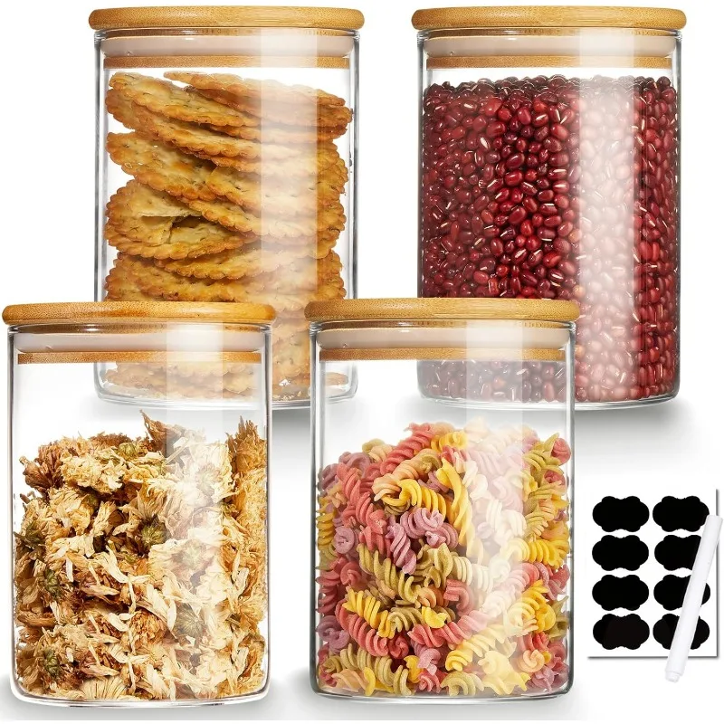 

4 Pack 27 OZ Glass Canisters Set with Labels, Glass Food Storage Jar for Kitchen, Clear Container