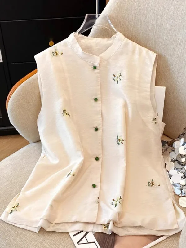 

Новый китайский жилет в стиле ретро с вышивкой и воротником-стойкой, верхняя одежда, повседневный открытый кардиган из смеси хлопка для женщин больших размеров
