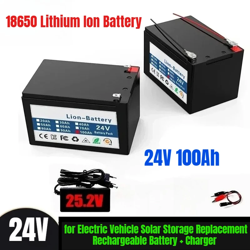 

New 18650 24V 100Ah Lithium Ion Battery Pack for Electric Vehicle Solar Storage Replacement Rechargeable Battery + Charger