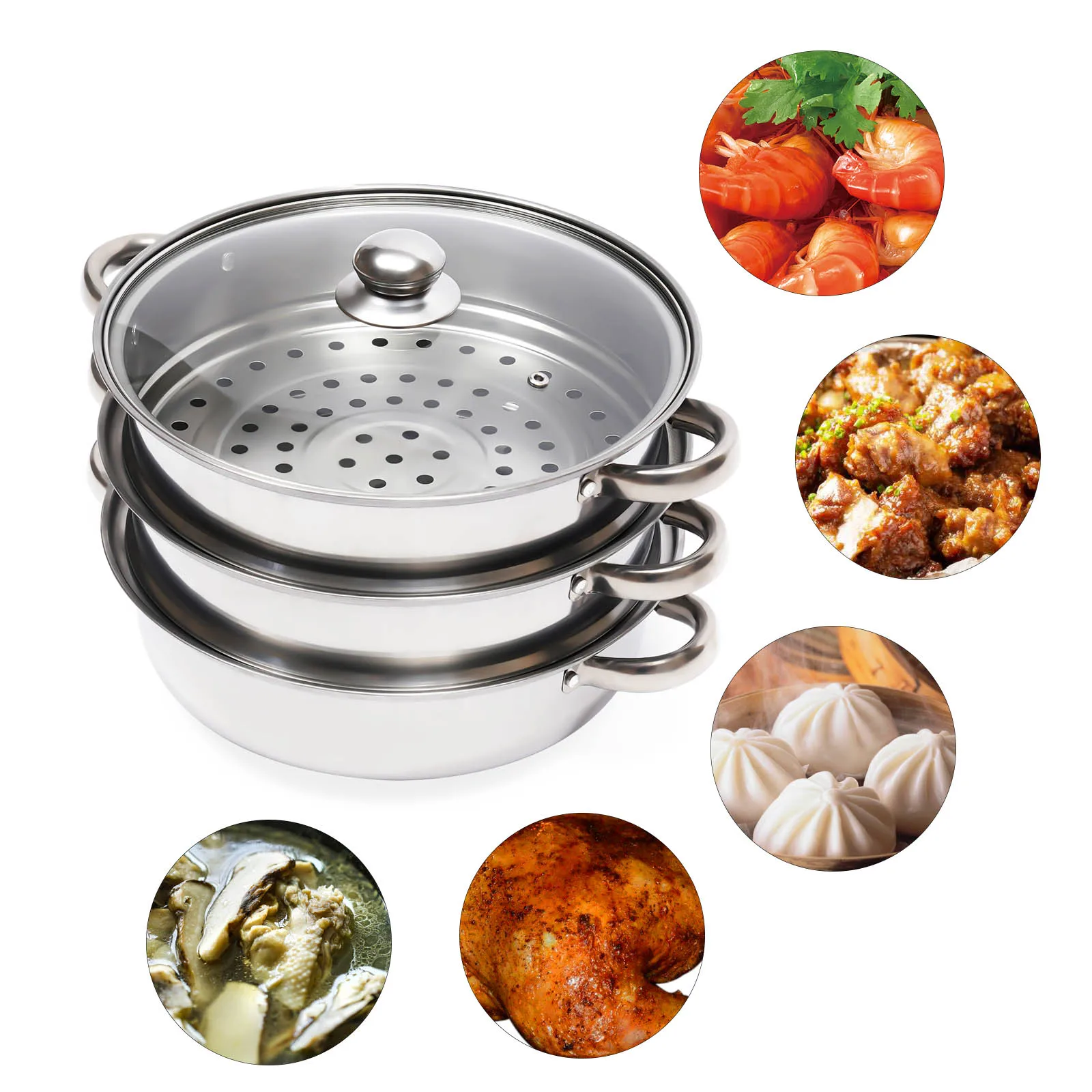 28 CM Stainless Steel Steamer 3 Tier Multi Functions Explosion Proof Steamer Cooking Pot