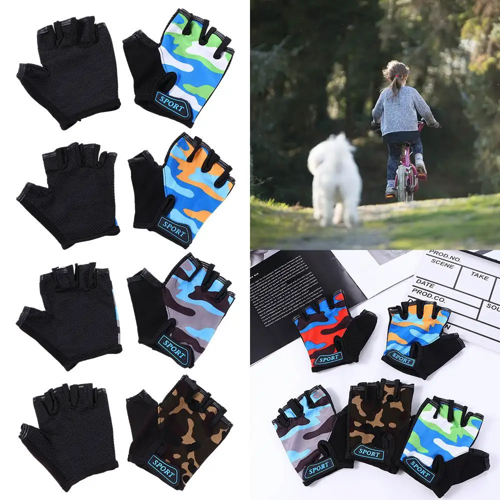 Girls Non-slip Breathable Elastic Hiking Riding Equipment Camouflage Bike Mittens Half Finger Golves Children Cycling Gloves