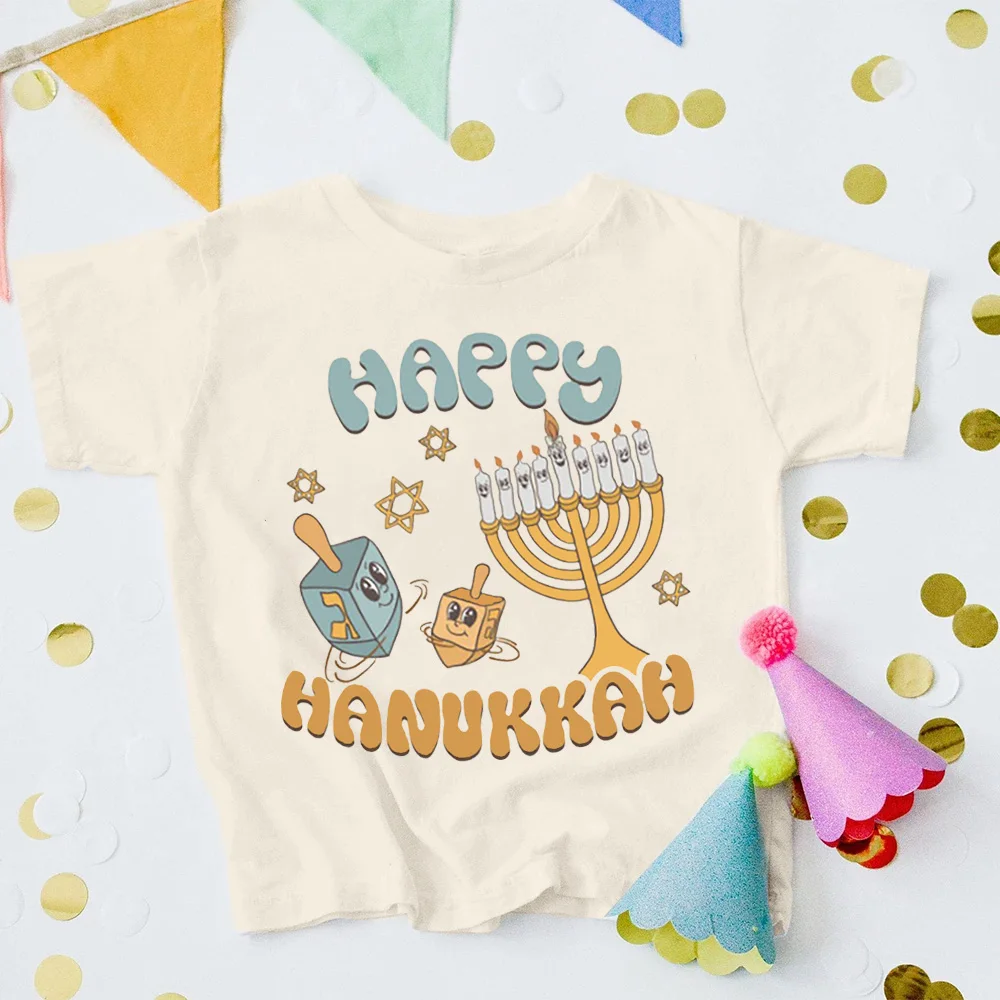 Happy Hanukkah Printed Kids Retro Shirts Chanukah Child Outfit Tops Jewish Holiday Boys Girls Clothes Children Short Sleeve Tee