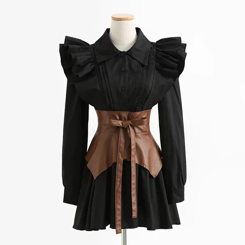 Gaun Kemeja Lengan Panjang Antik Perancis Gaun Pendek A-Line Lengan Puff Musim Semi Wanita Set 2 Potong Mode Pakaian Wanita Dsss