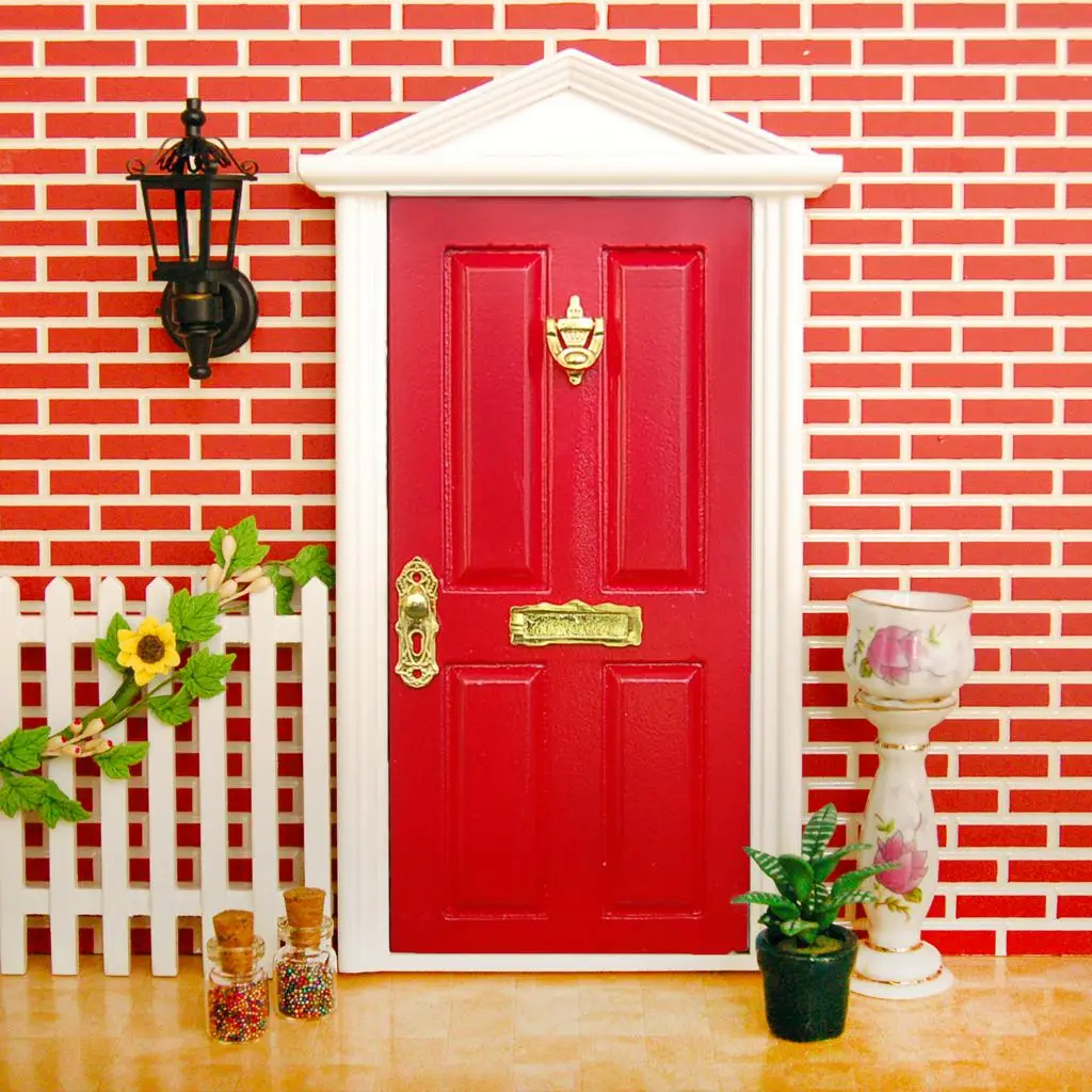 Dolls House Miniature Red Exterior Wood Door 6-Panel with Handle Knocker