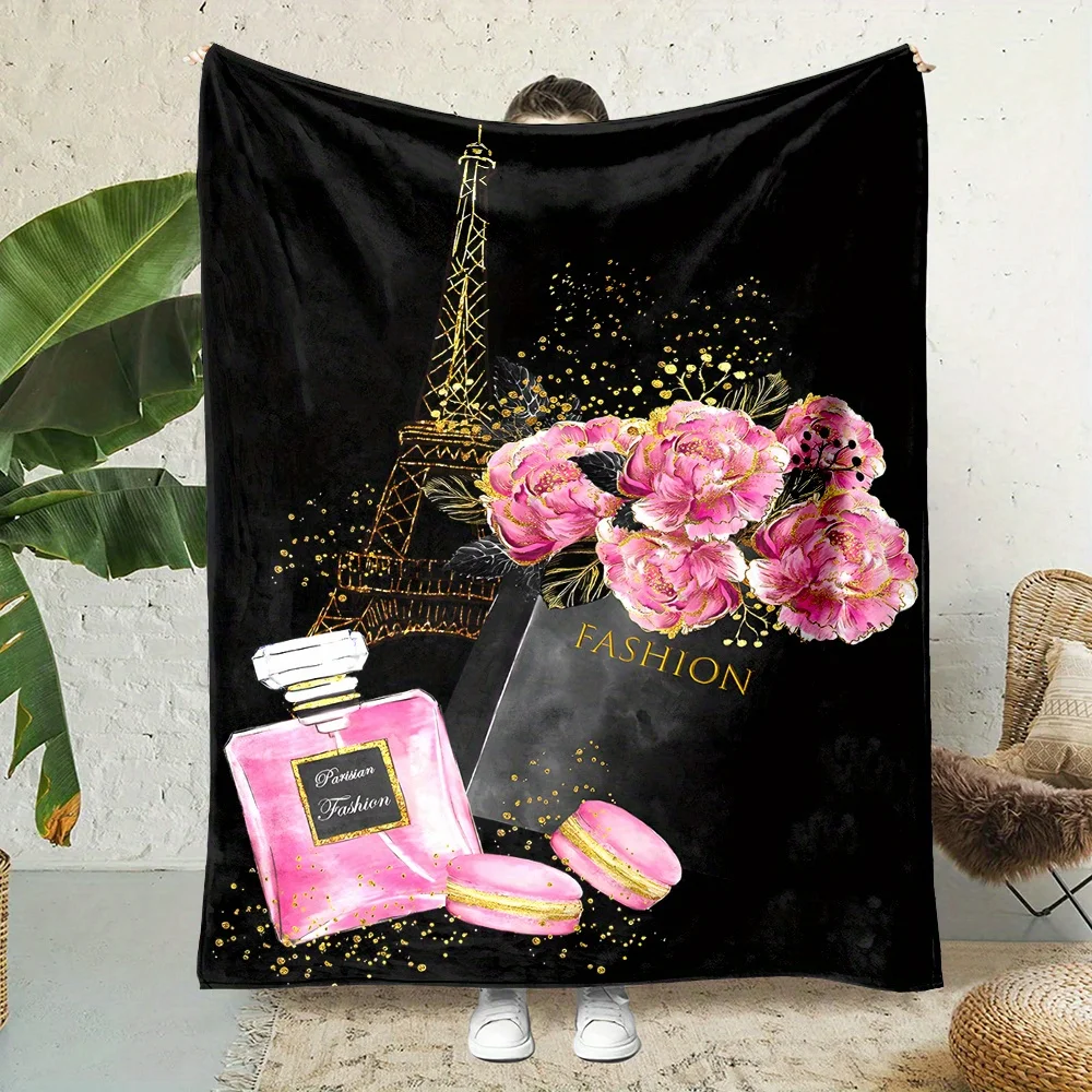 

French Romantic Eiffel Tower & Floral Print Throw Blanket, All-Season, Polyester, Reversible, Contemporary Style