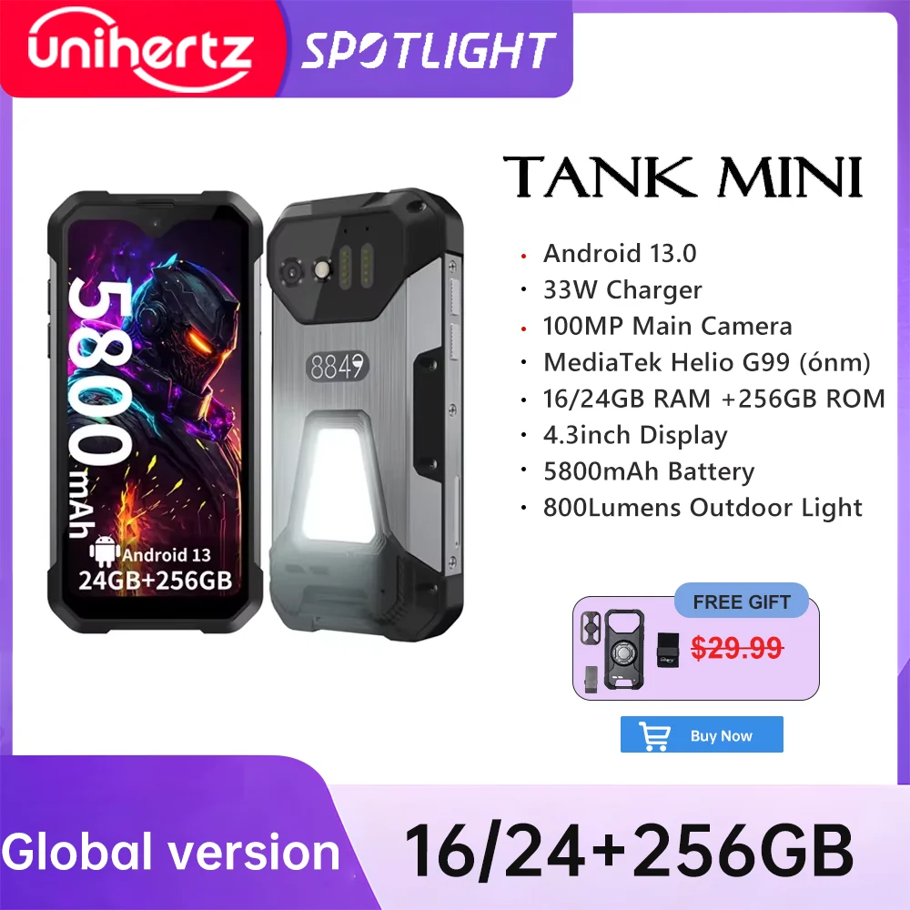 Unihertz 8849 Tank Mini Rugged Smartphone 4.3 Inch Display Android 13 5800mAh 24GB 256GB Helio G99 Octa Core 100MP Cameras IP68