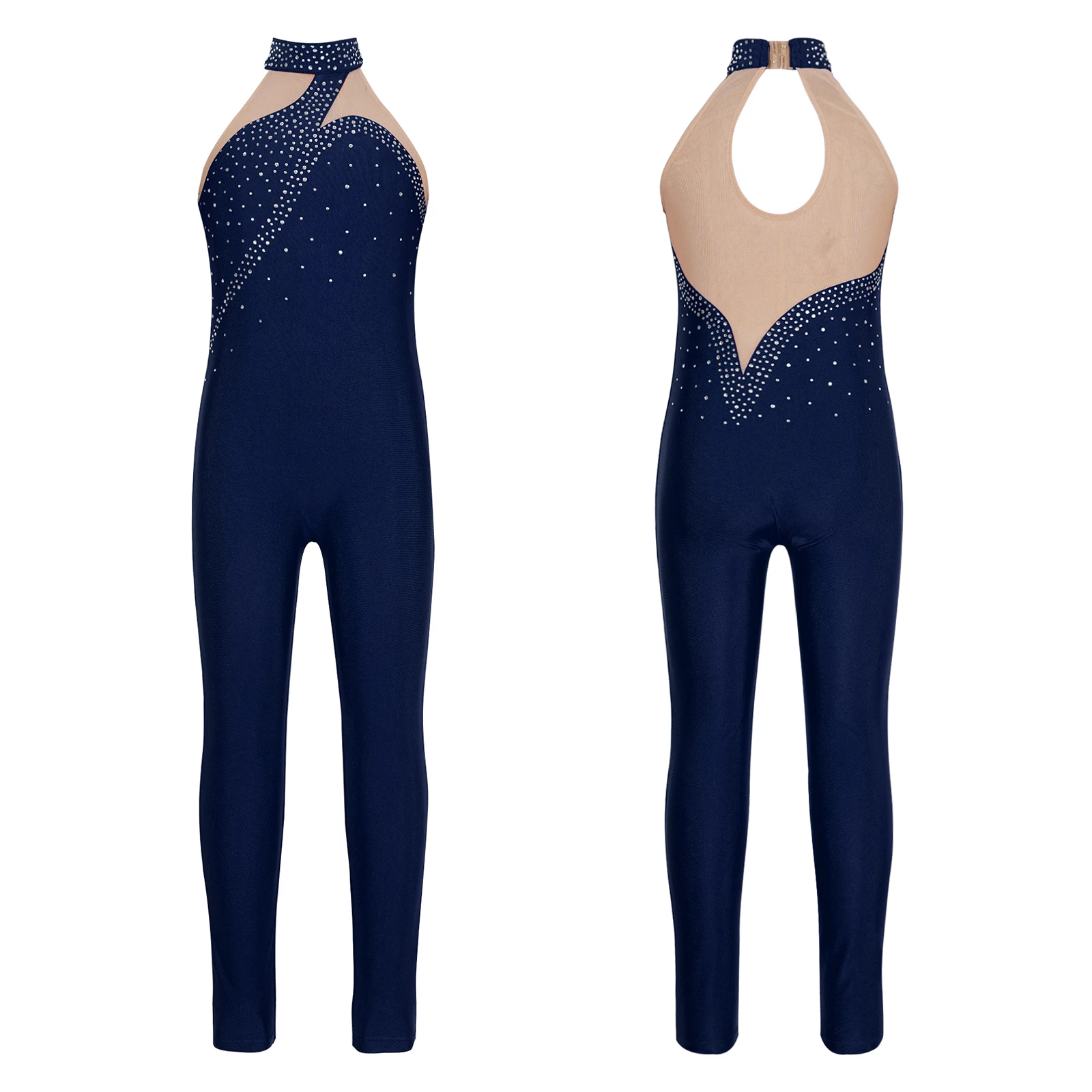 

2024 Kids Girls Figure Skating Unitard Sleeveless Rhinestone Sheer Mesh Patchwork Jumpsuit Gymnastics Dance Performance Bodysuit