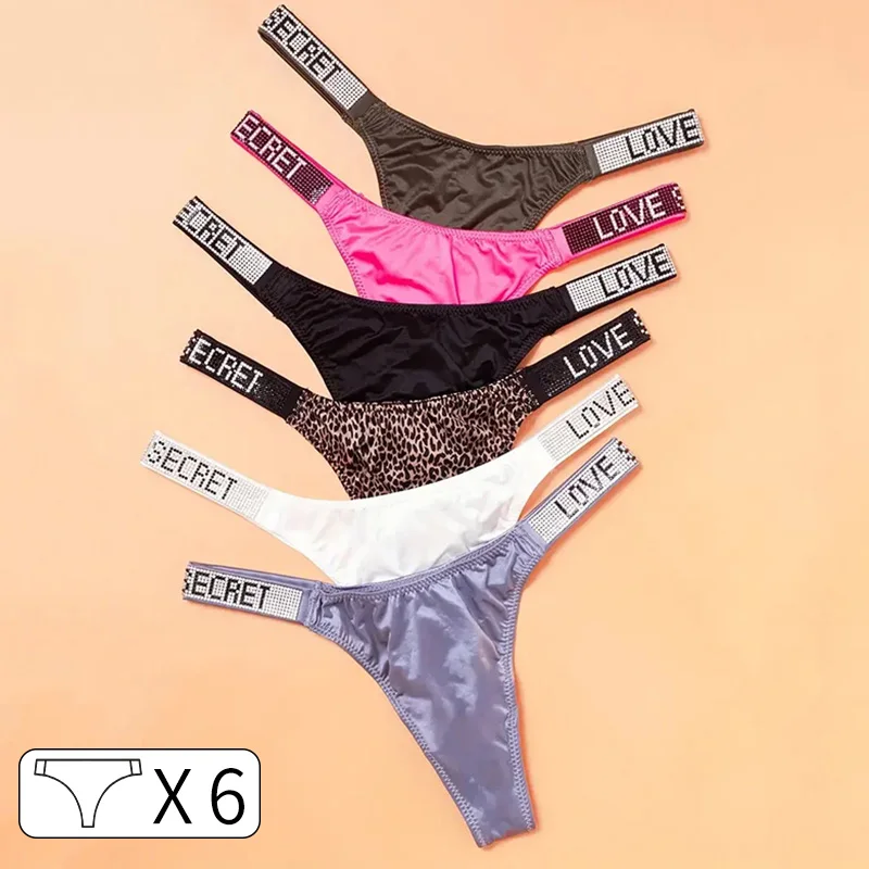 6Pcs Low Waist Sexy Panties Women Thongs Rhinestones Letter Diamonds G-string Sports Thong Shorts Briefs T-back Size S-XL