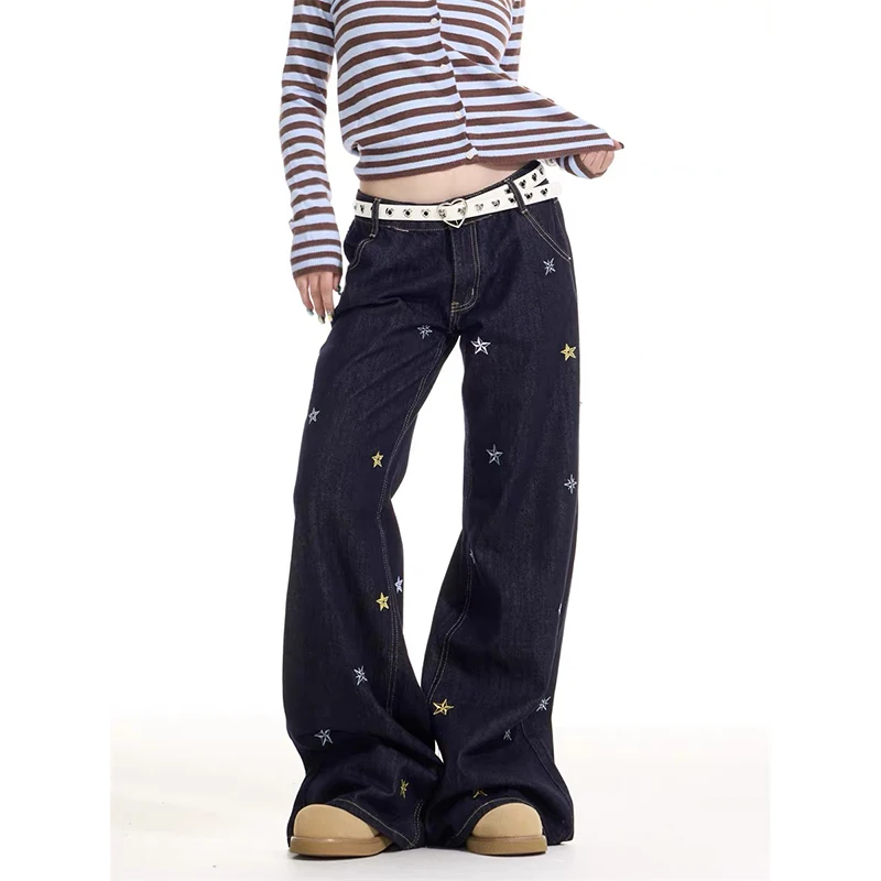 

YIBASHU Autumn Winter Women Denim Pants Low Rise Jean Stacked Jeans Embroidery Patchwork Bell Bottom Japanese Y2k 2000s Cowboy