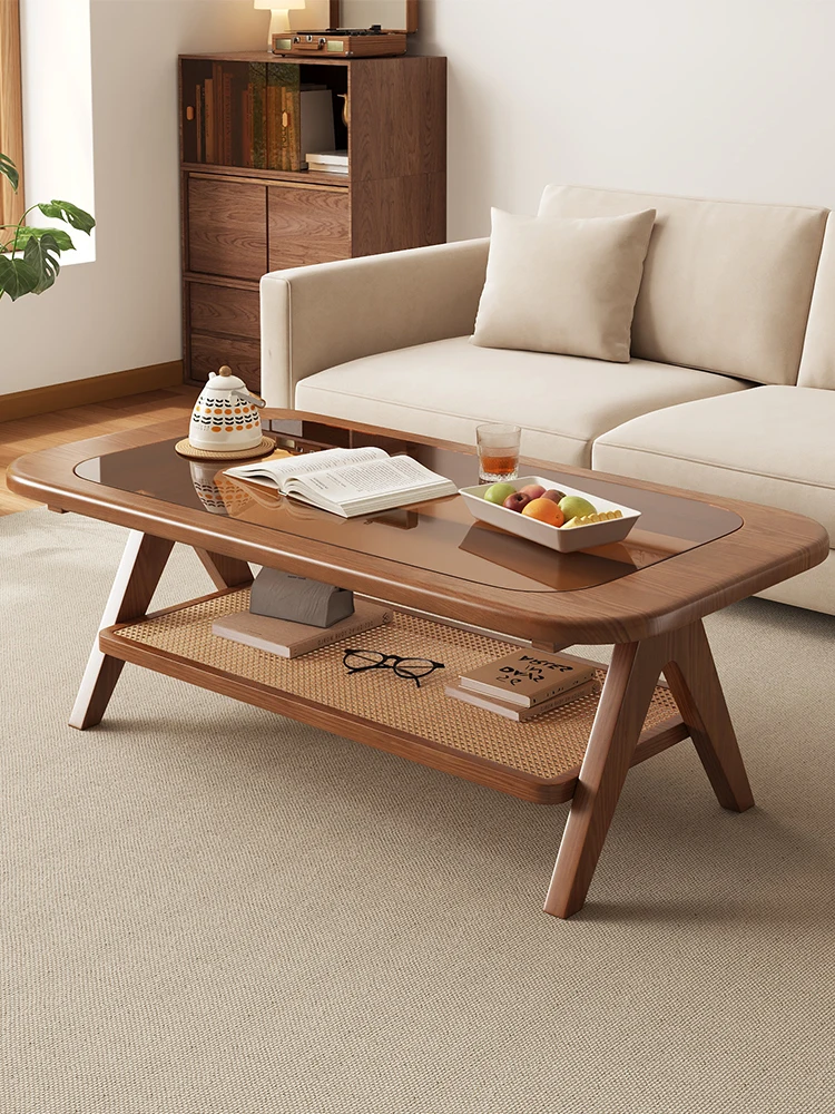 

Solid wood coffee table living room household high-end small apartment table glass Japanese minimalist tea table