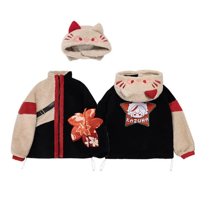 

dd12Kaedehara Kazuha Повседневная куртка с капюшоном Теплая флисовая куртка Five Kasen Косплей Аниме Пальто Harajuku Толстовка Doujin Костюм