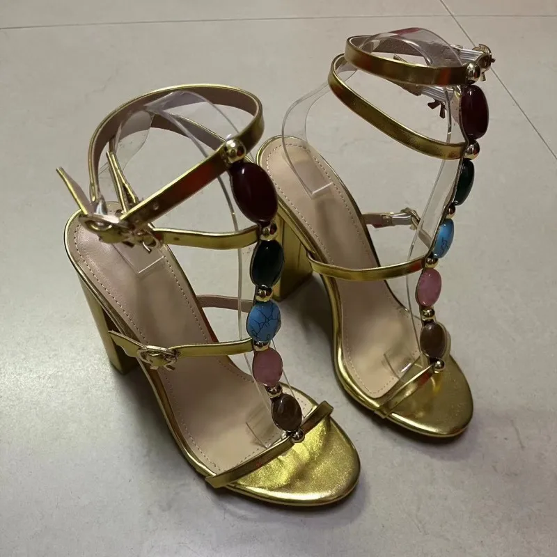 AIYKAZYSDL 2024 Gold Sandals String Bead Crystal Gladiator Rome Strappy SlingbackBlock Heels Performance Clubwear Shoes Summer