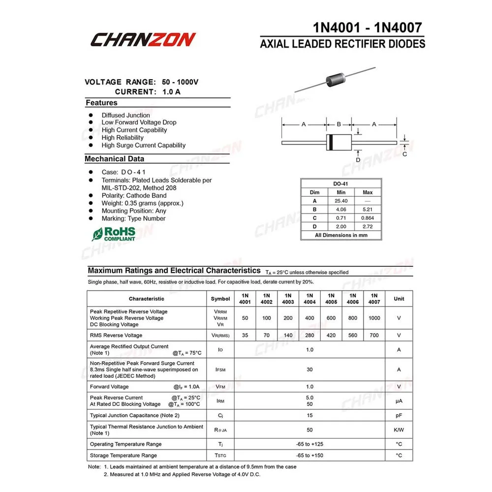 100 Pcs 1N4002 Rectifier Diode 1A 100V DO-41 DO-204AL Axial 1N IN 4002 IN4002 1 Amp 100 Volt Electronic Silicon