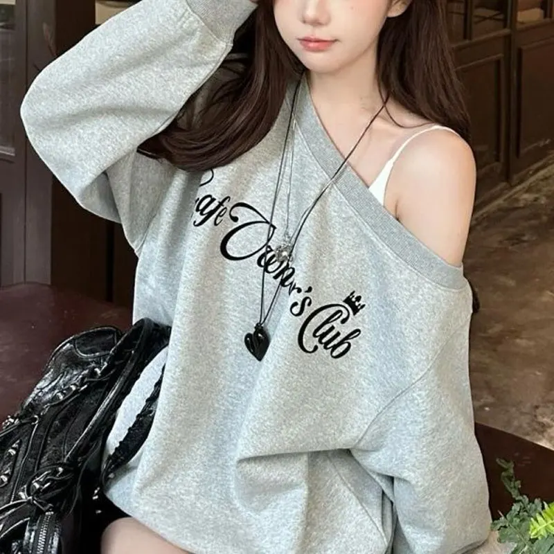American Letter Retro Printed Sweatshirts Spring Autumn Skew Collar Female Clothing Casual Loose Fashion Off Shoulder Hoodies
