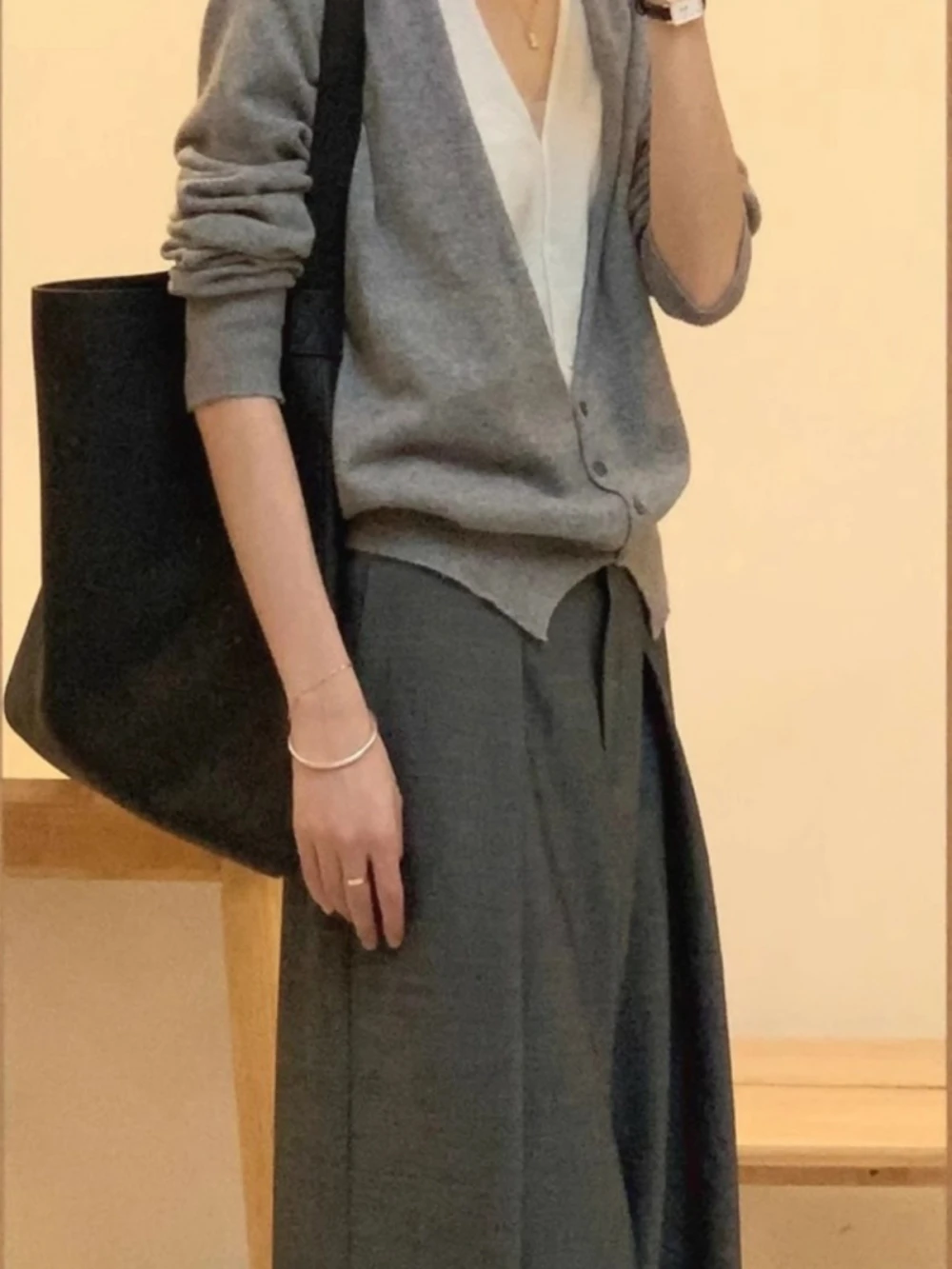 Gray Splice V-neck Knitted Open Cardigan Women's Fashionable Split Korean Style High-grade Sense Trendy Top Spring Autumn