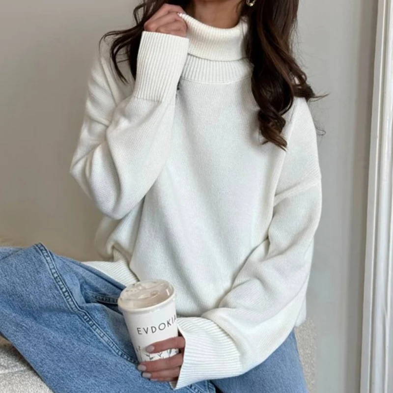 FADDISH 2024 Autumn Winter Women Fashion Loose Turtleneck Knitted Sweaters Female Solid Color Casual Long Sleeve Top Pullovers