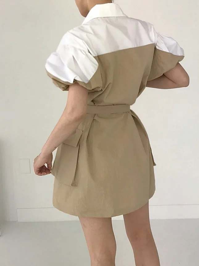 Vestido de manga corta con cuello tipo  para mujer, falda con cinturón y empalme a cuadros, estilo de viaje, moda de ...