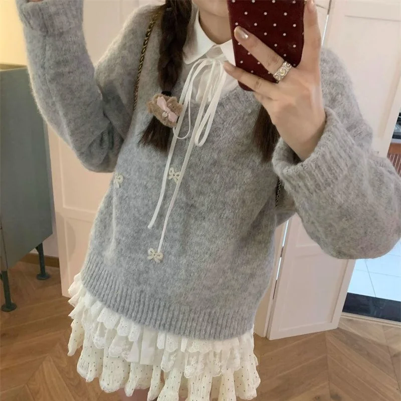 Maglieria da donna Soft Ey V-Ne Autunno Inverno Vestibilità ampia Comodo maglione con nodo Dolce top giapponese