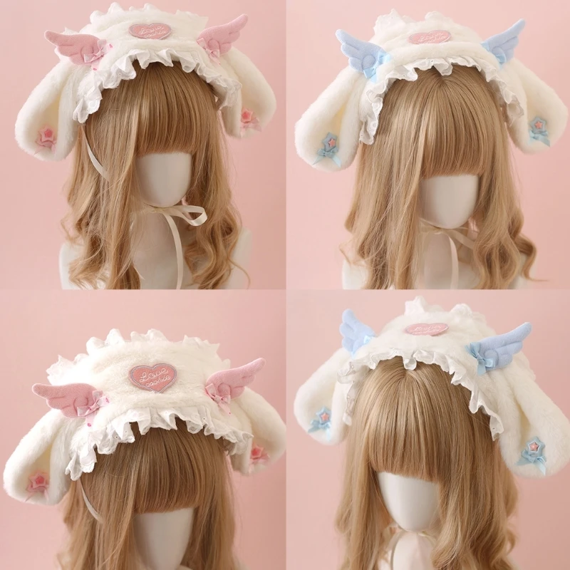 MXMB Angel Wing Headwear Long Ribbon Ruffled Lace Bow Headwear Party Photo Props