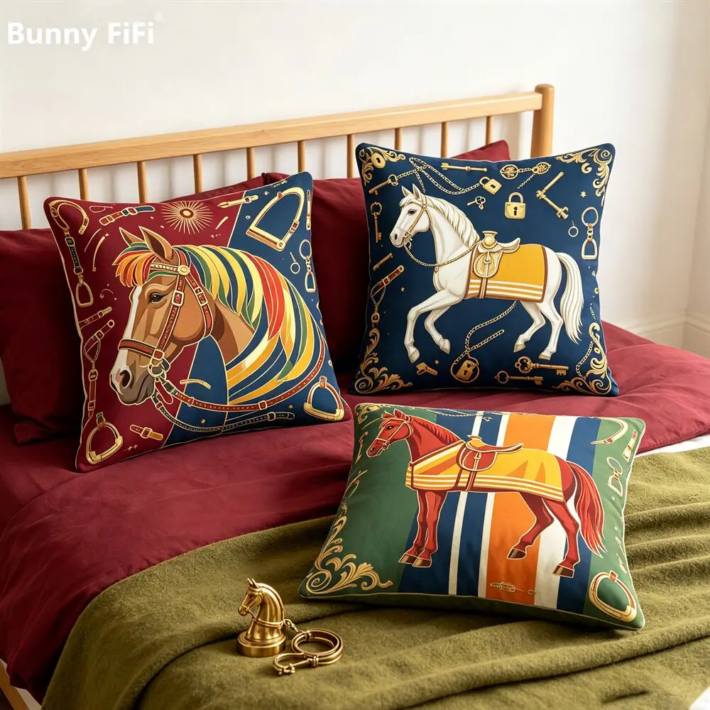 Horse Decorative Pillow Cover Retro Equestrian Cushion Cover Golden Saddle Carriage Horse Pattern Pillowcase 45x45cm Home Sofa