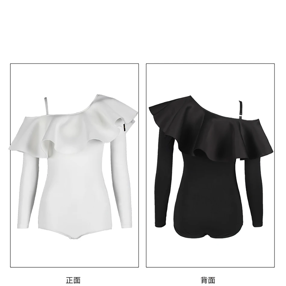 جديد طويل الأكمام اللاتينية الرقص ارتداءها أسود أبيض مائل الكتف قاعة الرقص القمم تشا تشا سامبا التدريب ازياء W22C239