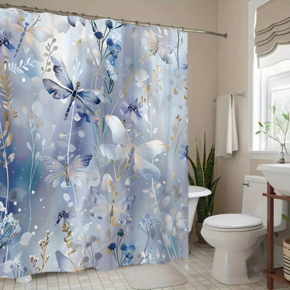 1pc dragonfly and floral pattern shower curtain, polyester fabric, machine washable, suitable for bathroom decoration
