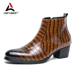 New Chelsea Leather Men Boots High-top Side Zipper Round-toe Crocodile Pattern High Heel Versatile Casual Party Boots For Man