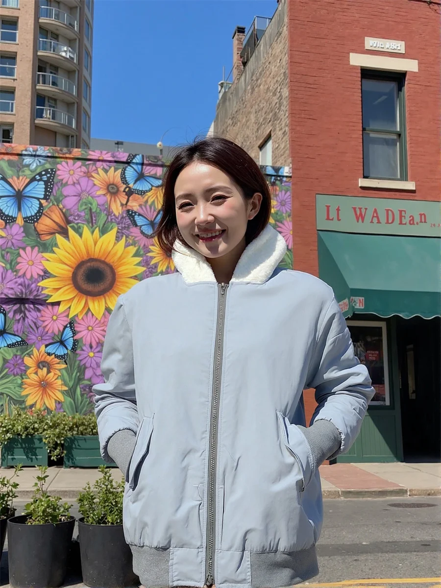 Parkas ผู้หญิงสบายๆแฟชั่นเกาหลีเสื้อแขนยาวผ้าฝ้ายเบาะแจ๊กเก็ตสีทึบสบายความงามกระเป๋า